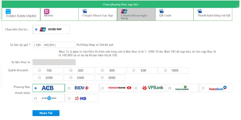 Các bước hướng dẫn nạp tiền W388